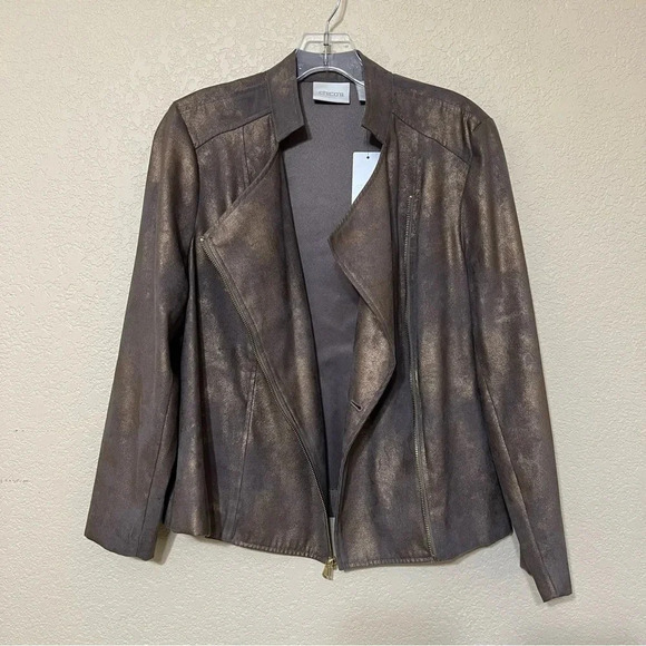 CHICOS Tan Gold Shimmer Moto Metallic Jacket Gold Zipper Size 1P (Medium 8P) - Picture 8 of 10
